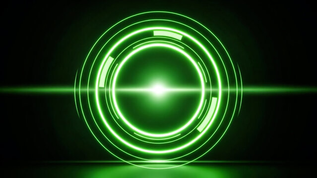 Abstract digital visualization of a glowing green concentric circle interface, resembling a HUD element or scanner. A bright central light and a horizontal beam suggest data transfer, energy, or a - Powered by Adobe