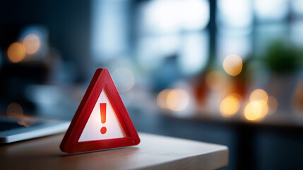 System warning caution sign symbol paper cutout notification error maintenance concept cyber attack network alert cybersecurity vulnerability display defocused background
