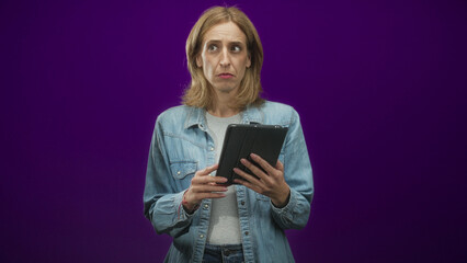 Woman holds tablet and taps touchscreen with worried gaze in studio purple backdrop  surprise reaction. © Krakenimages.com