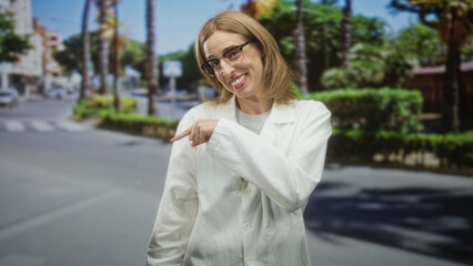 Woman doctor in white lab coat, glasses, index finger to lips for silence on a sunny street lined...