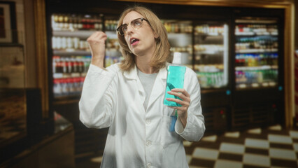 Woman doctor in white coat holds mouthwash bottle and presses hand to forehead in supermarket; frustration fatigue.