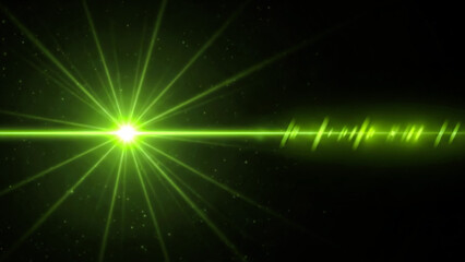 A vibrant green light burst radiates outwards from the left side of the frame, creating a starburst effect. A sharp, horizontal light beam extends to the right, followed by a distinct lens flare