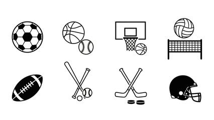 Sports icons in black and white soccer basketball volleyball and more