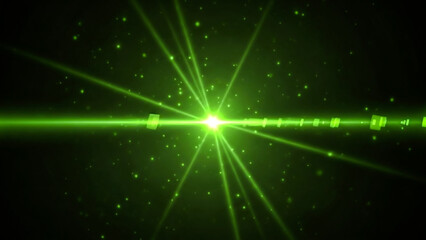 A bright green light beam emanates from the center, creating lens flares and radiating streaks across a dark background. Small luminous particles are scattered throughout the scene, adding depth and