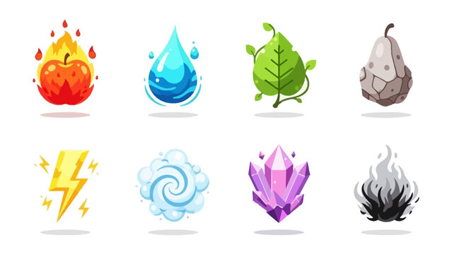 Stylized elemental icons fire water leaf stone lightning wind crystal smoke