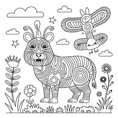 Cute Cartoon Tiger Zentangle Style Fantasy Animal Coloring Page