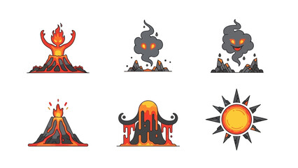Volcanic eruption and fiery elements cartoon illustrations on white background