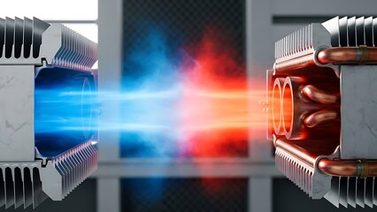 A visual representation of heat exchange where hot and cold air streams meet between two cooling devices
