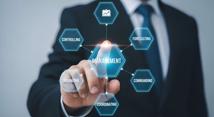 Businessman in suit interacting with virtual management diagram showing controlling organizing forecasting commanding and coordinating functions