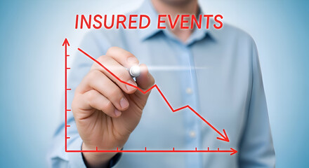 Businessman drawing a downward trend graph with red marker pen, illustrating decreasing insured events over time, on a blue background