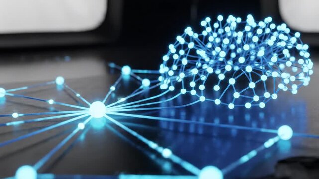Dark surface with glowing blue network nodes and linked lines forming a digital web. On dark screen
