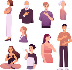 People different ages making calm breathing exercise, holding chest and stomach vector flat illustrations set
