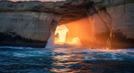 Sunbeam through a sea cave arch with crashing waves
