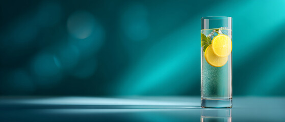 A refreshing glass of lemonade with ice, mint and two slices of fresh lemons on a blue background