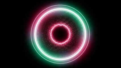 An abstract digital art piece featuring two concentric glowing rings on a black background. The outer ring transitions from pink to green neon light, while the inner ring is composed of shimmering