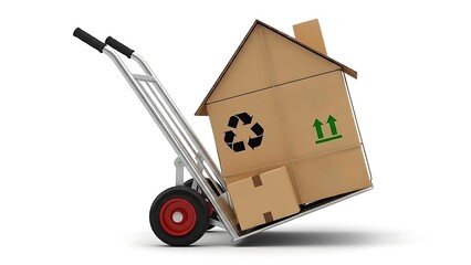 Cardboard house on a dolly with boxes, representing moving and relocation services