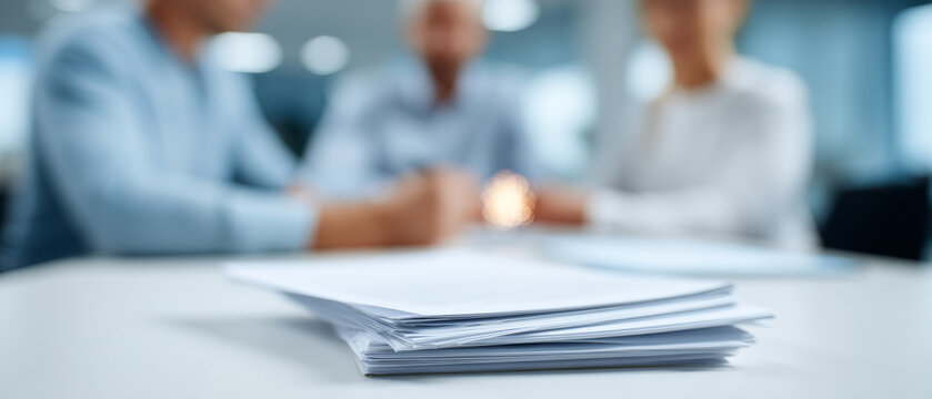 Three people are sitting at a table with papers in front of them, but the focus is on those documents rather than what they're doing or saying to each other