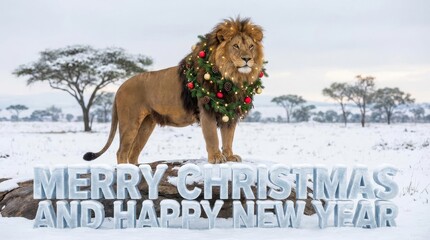 Naklejka premium Festive Lion Celebrates Christmas - A majestic lion adorned with a Christmas wreath stands proudly in a snowy landscape, wishing Merry Christmas and Happy New Year