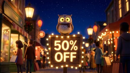 Festive Season Sale in Town - A charming town scene with 50% off sale sign, owl perched on it, and people shopping during the festive season, with glowing lights and a night sky