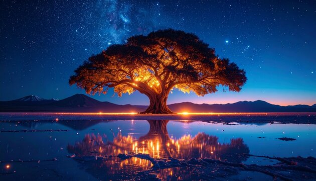 光る大木と銀河3