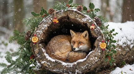 Naklejka premium Fox in Log Home November - A fox rests inside a snowy log, decorated with festive elements. Symbolizing warmth, nature, winter, holidays, and serenity during the November season