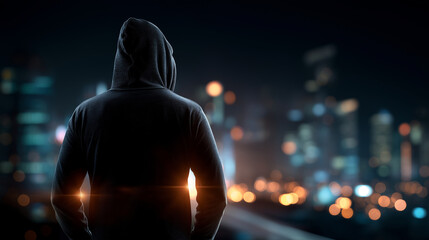 Faceless malicious hacker looking forward corporate data theft intent cybersecurity threat scenario information breach planning digital crime preparation defocused dark