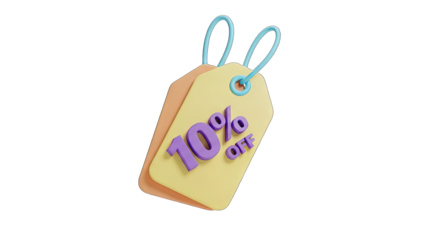 3D Rendered 10 Percent Off Discount Tag With Purple Text On A Light Yellow Background And A Light Orange Tag Behind It With Light Blue String Loops Hanging From The Top On A Transparent Background
