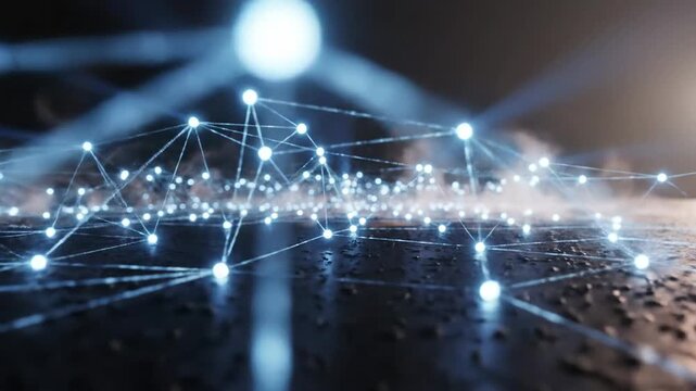 Glowing blue nodes connect with luminous lines over a dark reflective surface, showing network links