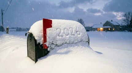 Mailbox Buried in Snow During Winter - A mailbox covered in fresh snow shows the arrival of winter in a rural setting, with a house visible in the background