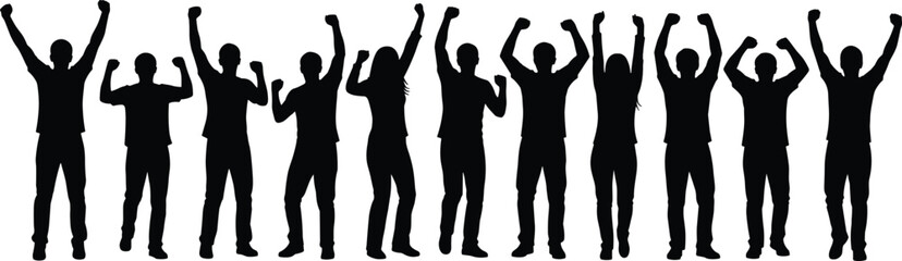 Successful Crowd Raising Hands Silhouette, Diverse Group of People Cheering for Victory, Teamwork, and Achievement, Celebrating Freedom, Power, and Human Potential Vector Illustration