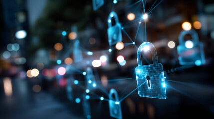 Network security and privacy crime visualization mixed media concept cybersecurity threat representation data protection interface digital security display defocused