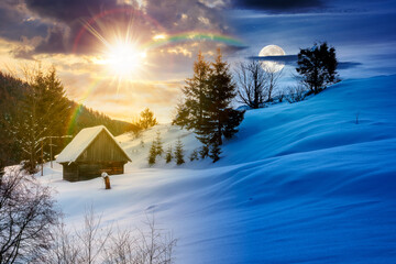 beautiful winter landscape with snow covered hills. day and night time change concept. serene rural scene in mountains with sun and moon. rolling countryside area. duality and transition template