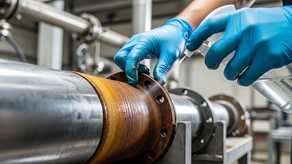 A person in protective blue gloves sprays chemical solution on a corroded metal pipe during industrial maintenance