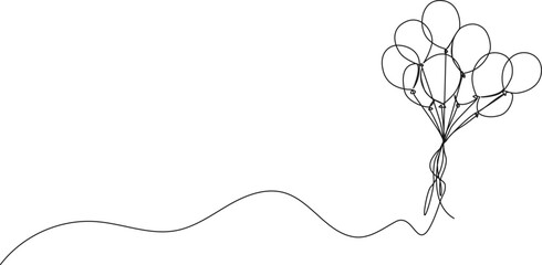 continuous line drawing of a bunch of balloons tied together, line art vector illustration