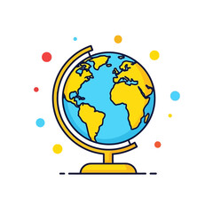 Flat Vector Illustration of a Globe on a Stand with Colorful Floating Dots