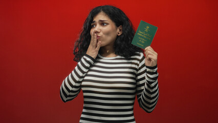 Woman holding saudi passport and hand to mouth gesture in studio with red backdrop and striped...