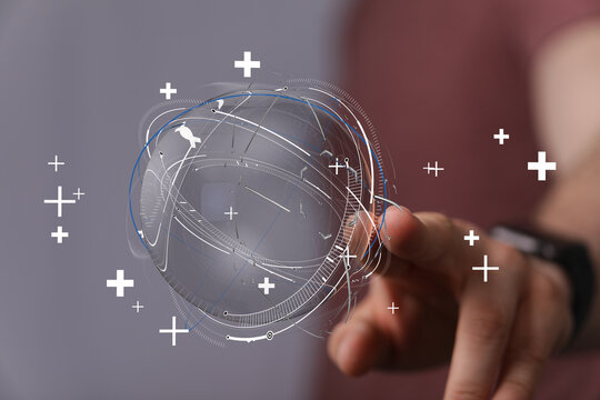 Hand touching digital globe with abstract network of connections. Representing global business, technology, internet, and future communication - Powered by Adobe