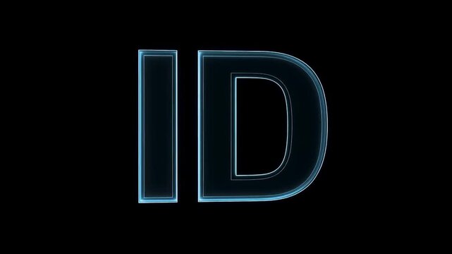 Glowing digital ID text on black background symbolizing biometric identity verification, digital identity systems and online identification. Cybersecurity and surveillance concept. Digital render.