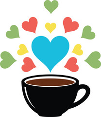 Colorful heart burst rising from coffee cup illustration symbolizing love, warmth, energy, and positive morning vibes