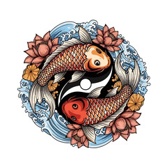 Yin Yang Koi Fish with Lotus Flowers and Waves, Japanese Culture Symbolism Vector