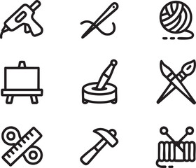 Fototapeta premium Set of nine black line art icons depicting crafting tools and supplies hobby sewing