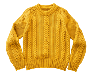 Yellow knitted Christmas ugly sweater with traditional pattern, warm jumper isolated on white