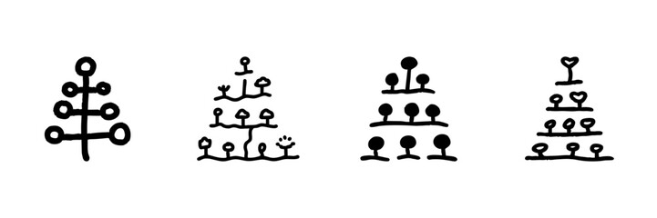 Abstract Christmas Tree Line Icon Set In Doodle Style. Festive Holiday Decoration And Symbolism Outline Sketch Collection. Whimsical And Creative Design. Hand Drawn Isolated Vector Illustration