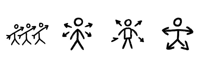 Stick Figure Movement And Direction Line Icon Set In Doodle Style. Leadership, Team Dynamics, And Personal Growth Outline Sketch Collection. Hand Drawn Isolated Vector Illustration