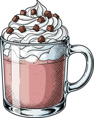 Delicious whipped cream hot chocolate in a clear glass mug topped with chocolate chunks illustration for cafe designs