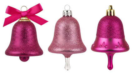 Three pink christmas bells with different decorations on isolated transparent background for holiday decoration