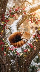 Obraz premium Sleeping Panda in Winter Tree - A red panda peacefully sleeps in a snow covered tree adorned with festive berries and ornaments. Symbolizes tranquility, winter, nature, peace, rest and holiday
