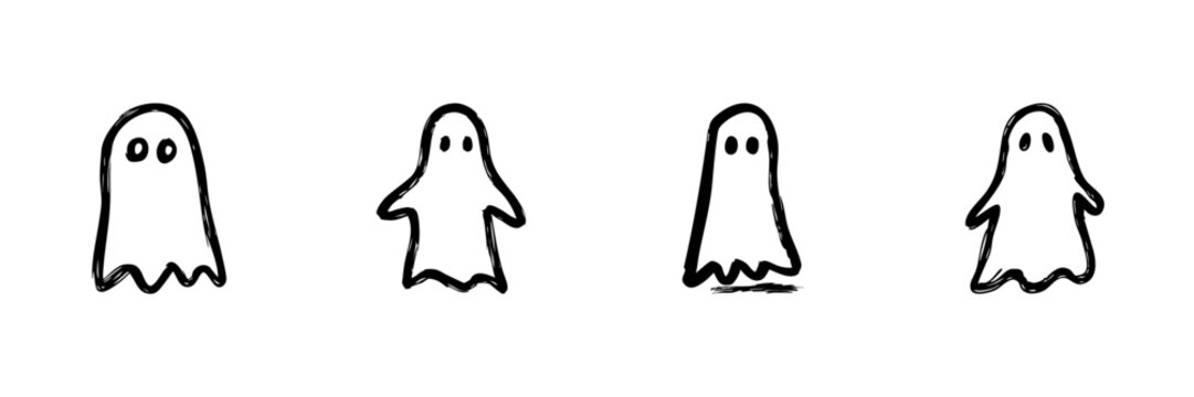Ghost Character Line Icon Set In Doodle Style. Halloween, Spooky, And Supernatural Theme Outline Sketch Collection. Hand Drawn Isolated Vector Illustration