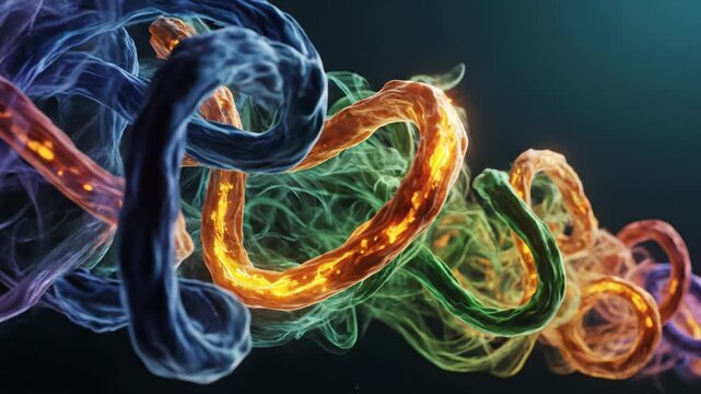 Abstract 3d rendering of colorful protein chain structure folding in dark space with glowing element