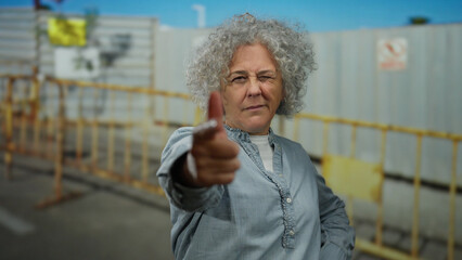 Elderly woman at construction site playfully gesturing with finger gun against fence backdrop exhibiting playful mood outdoors
